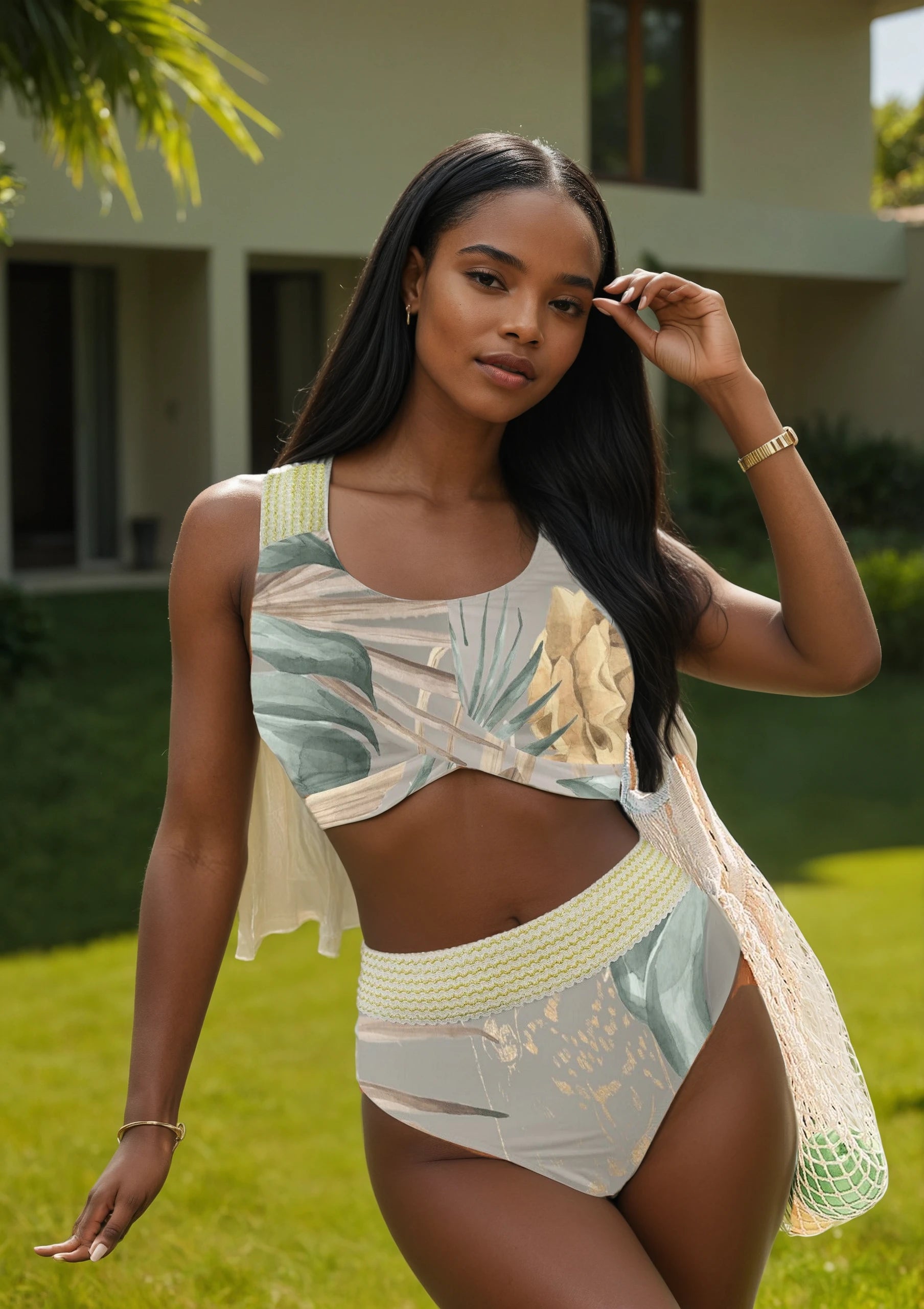 Luxe Goddess High Waisted Rope Detail Rouch Crop Top Bikini