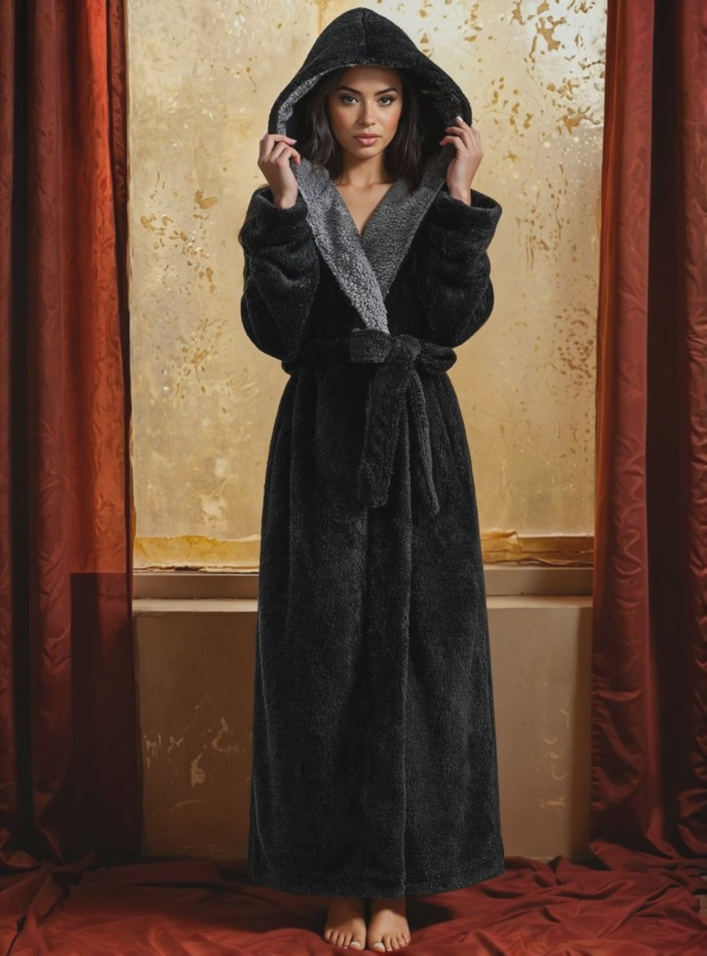 Hellomamma Long Hooded Robe for Women Luxurious Flannel Fleece Full Length Bathrobe Winter Warm Pajamas Shower Nightgown